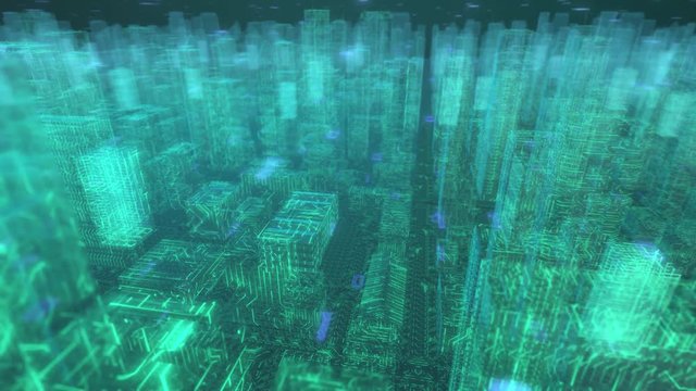 Seamless looping 3d animated transparent digital city with a circuit board texture and bluish binary code in 4K resolution