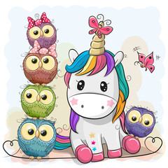 Cute Cartoon Unicorn and Owls © reginast777