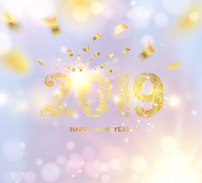 New year calendar label. Golden sign 2018 over gray bokeh background. Vector illustration.