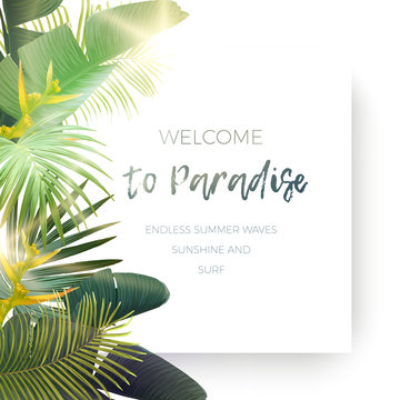 Green summer tropical background with exotic palm leaves, plants and yellow flowers. Vector floral background.