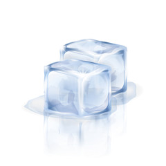 Obraz premium Two bluish-white ice cubes isolated on the white background. Vector illustration of two ice pieces. Making of cold drinks, alcoholic and non-alcoholic beverages, cocktails.
