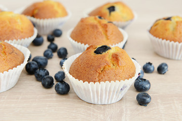 Blueberry Muffin and blueberries on wood