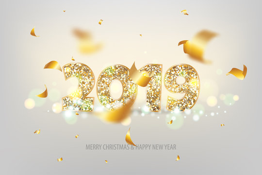 2019 vector magic golden confetty shimmer invintation. Holiday new year white background. Sparkle Christmas lights.