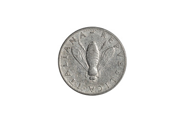 two Italian lire coin close-up from 1950s Italy, head side with bee icon. Isolated on white studio background. Archival collection coin of two lires value.