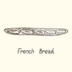 French bread, hand drawn doodle, sketch, outline black and white vector illustration with inscription