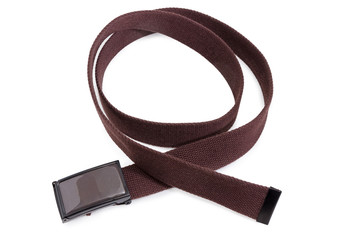 Brown web belt with friction buckle on a white background