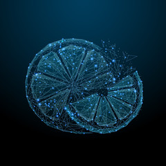 Abstract image of a orange in the form of a starry sky or space, consisting of points, lines, and shapes in the form of planets, stars and the universe. Fruit orange segments vector wireframe