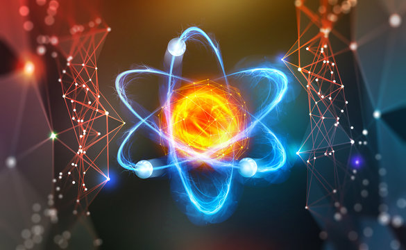 Atomic structure. Scientific breakthrough. Modern scientific research on nuclear fusion. Innovations in physics 3D illustration