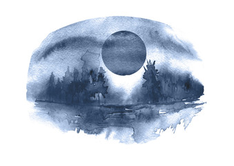 Watercolor countryside landscape. The shore of the river, against the background of a blue silhouette  forest, a blue sky and Blue moon. Moon eclipse.
Night landscape. 