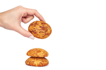 Homemade sweet butter cookies with hand isolated on white background, copy space template