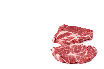 fresh raw beef steak isolated on white background, organic farm, copy space