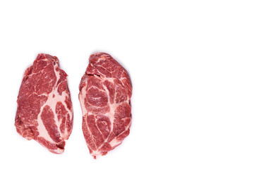 fresh raw beef steak isolated on white background, organic farm, copy space