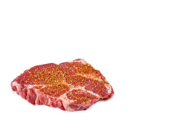 fresh raw beef steak with spices isolated on white background, organic farm, copy space