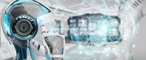 White woman cyborg using digital chart interface 3D rendering