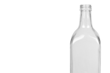 Empty transparent glass oil dispenser isolated on white background, copy space template