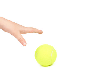 Kid hold tennis ball in hand, isolated on white background. copy space template