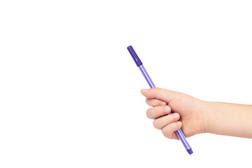 Kid hand hold color felt pen with hand, isolated on white background. copy space template