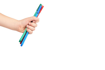 Kid hand hold color felt pen with hand, isolated on white background. copy space template