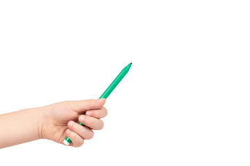 Kid hand hold color felt pen with hand, isolated on white background. copy space template