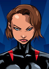 Comics illustration of the portrait of a powerful superheroine looking at camera with a tough facial expression on city background.