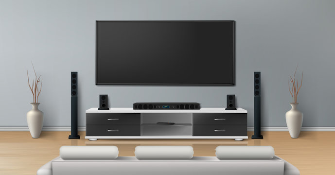 Vector realistic mockup of living room with big plasma tv on flat gray wall, black stand with modern home theater system, white sofa for watching movies. Minimalistic interior of residential apartment