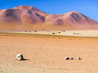 Rocky desert of andean altiplano. Salvator Dali desert in Eduardo Avaroa National Park, Bolivia,...