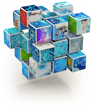 biology research photo collage cube-shaped isolated on white