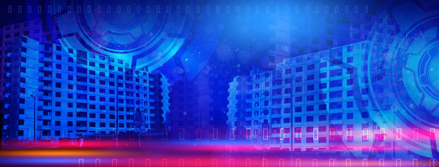 Construction abstract background. Additional reality, holographic display, neon, night view, banner