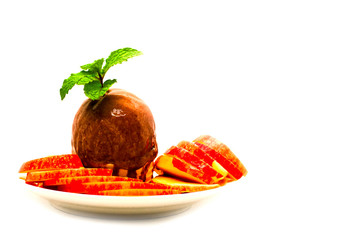 Sliced apple With chocolate ice cream. White background