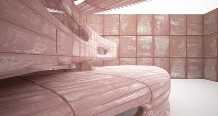 Empty smooth abstract room interior of sheets rusted metal. Architectural background. 3D illustration and rendering