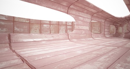 Empty smooth abstract room interior of sheets rusted metal. Architectural background. 3D illustration and rendering