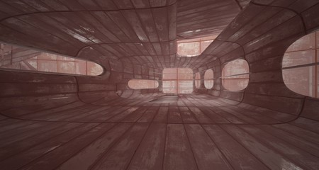 Empty smooth abstract room interior of sheets rusted metal. Architectural background. 3D illustration and rendering