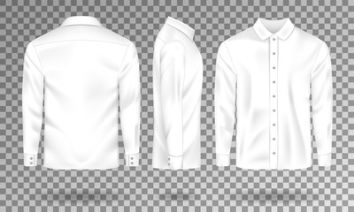 Blank male shirt template. Realistic Men s shirt with long sleeves front, side, back view. White cotton Shirt isolated. Vector illustration