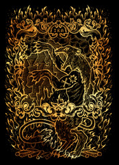 Wrath. Latin word Ira means Anger. Seven deadly sins concept on black background. Hand drawn engraved illustration, tattoo and t-shirt design, religious symbol