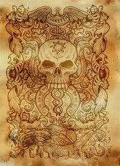 Fototapeta na wymiar Greed. Latin word Avaritia means Avarice. Seven deadly sins concept on old paper background. Hand drawn engraved illustration, tattoo and t-shirt design, religious symbol