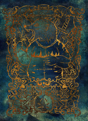 Gluttony. Latin word Gula means Obesity. Seven deadly sins concept, gold silhouette on blue background. Hand drawn engraved illustration, tattoo and t-shirt design, religious symbol