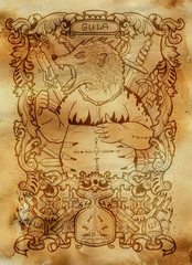 Fototapeta na wymiar Gluttony. Latin word Gula means Obesity. Seven deadly sins concept on old paper background. Hand drawn engraved illustration, tattoo and t-shirt design, religious symbol