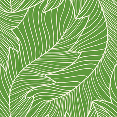 Linear engraving banana leaves seamless pattern, repeating floral pattern