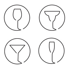 Continuous line art logo set of different glasses, wine, margarita cocktail, martini, champaign