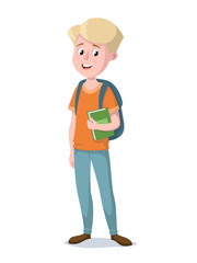 Happy schoolboy is standing with a book. Vector illustration.