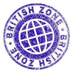 BRITISH ZONE stamp print with grunge texture. Blue vector rubber seal print of BRITISH ZONE caption with unclean texture. Seal has words placed by circle and planet symbol.