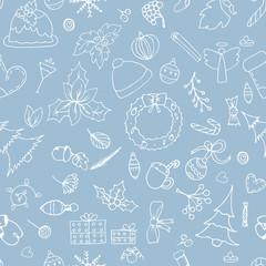 Christmas hand drawn pattern background.Festive, wrapping paper, vector illustrations.