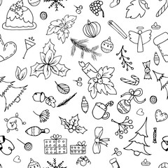 Christmas hand drawn pattern background.Sketched Christmas items, festive pattern.