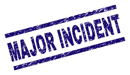 MAJOR INCIDENT stamp seal watermark with scratced style. Blue vector rubber print of MAJOR INCIDENT text with unclean texture. Text caption is placed between parallel lines.