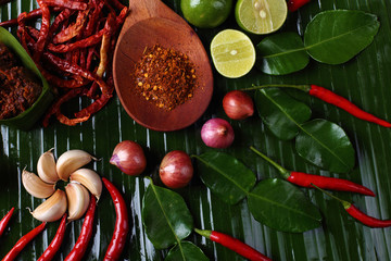 Famous Thai Food Hot and Spicy sauce with local ingredient fresh herb, paste sauce and vegetable...