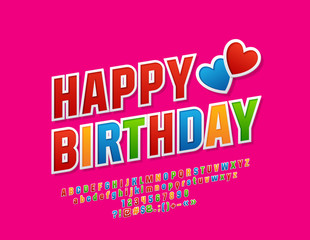 Vector Colorful Happy Birthday Greeting Card. Cute Children Font. Bright Alphabet Letters, Numbers and Symbols