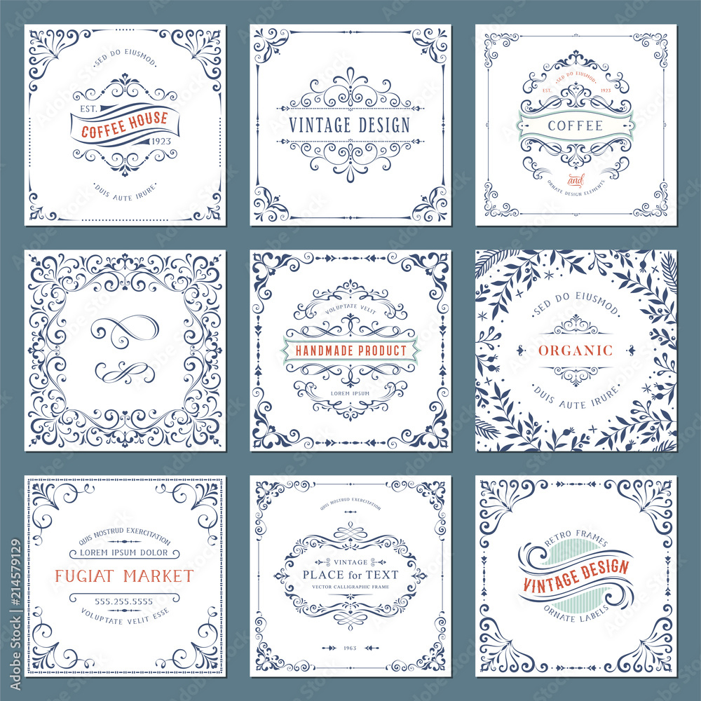 Wall mural ornate frames design and scroll elements set. flourish cards and labels templates. vector illustrati