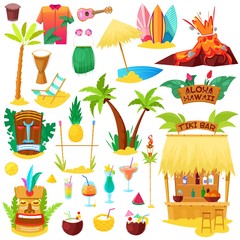 Hawaii vector hawaiian beach with tropical palm and sunbed or exotic fruity cocktails on summer vacation illustration set of hula tiki mask and surf icons isolated on white background - obrazy, fototapety, plakaty