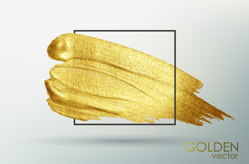 Smear with an artistic brush. A golden spot. Brilliant grunge texture. White transparent background. Vector abstract image. A high resolution.