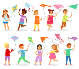 Kids kite vector child character boy or girl playing and childly kiteflying activity illustration set of children with kites game isolated on white background